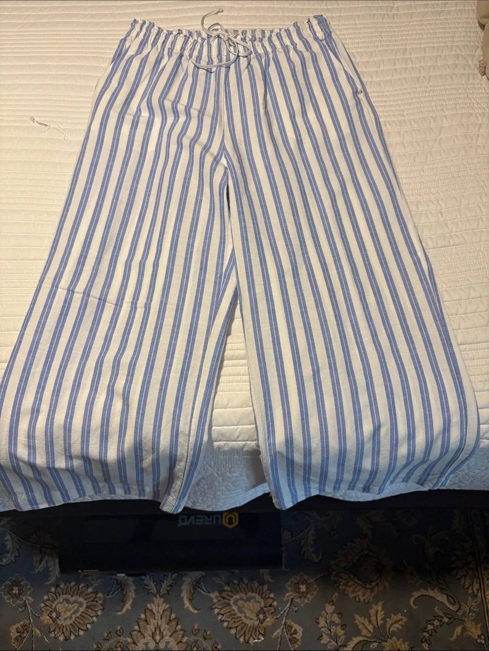 H & m Striped Blue and White Wide-Leg linen blend pants